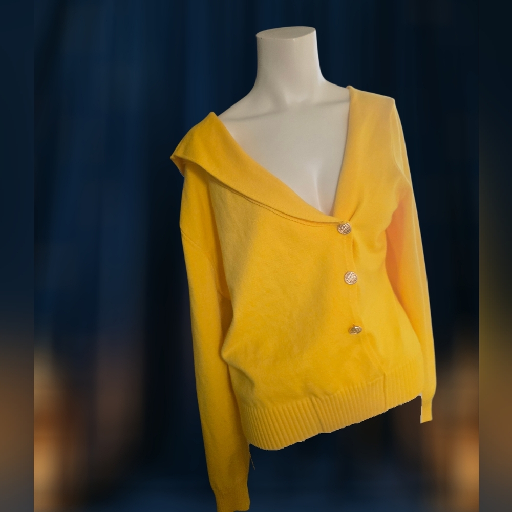 Yellow Off Shoulder Knit Sweater Button Detail XL